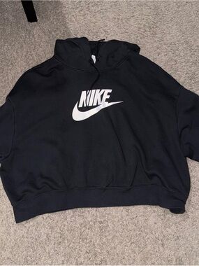 Nike Cropped Black Hoodie with White Swoosh Logo